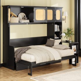 Full Murphy Bed With Desk And Rattan Cabinets