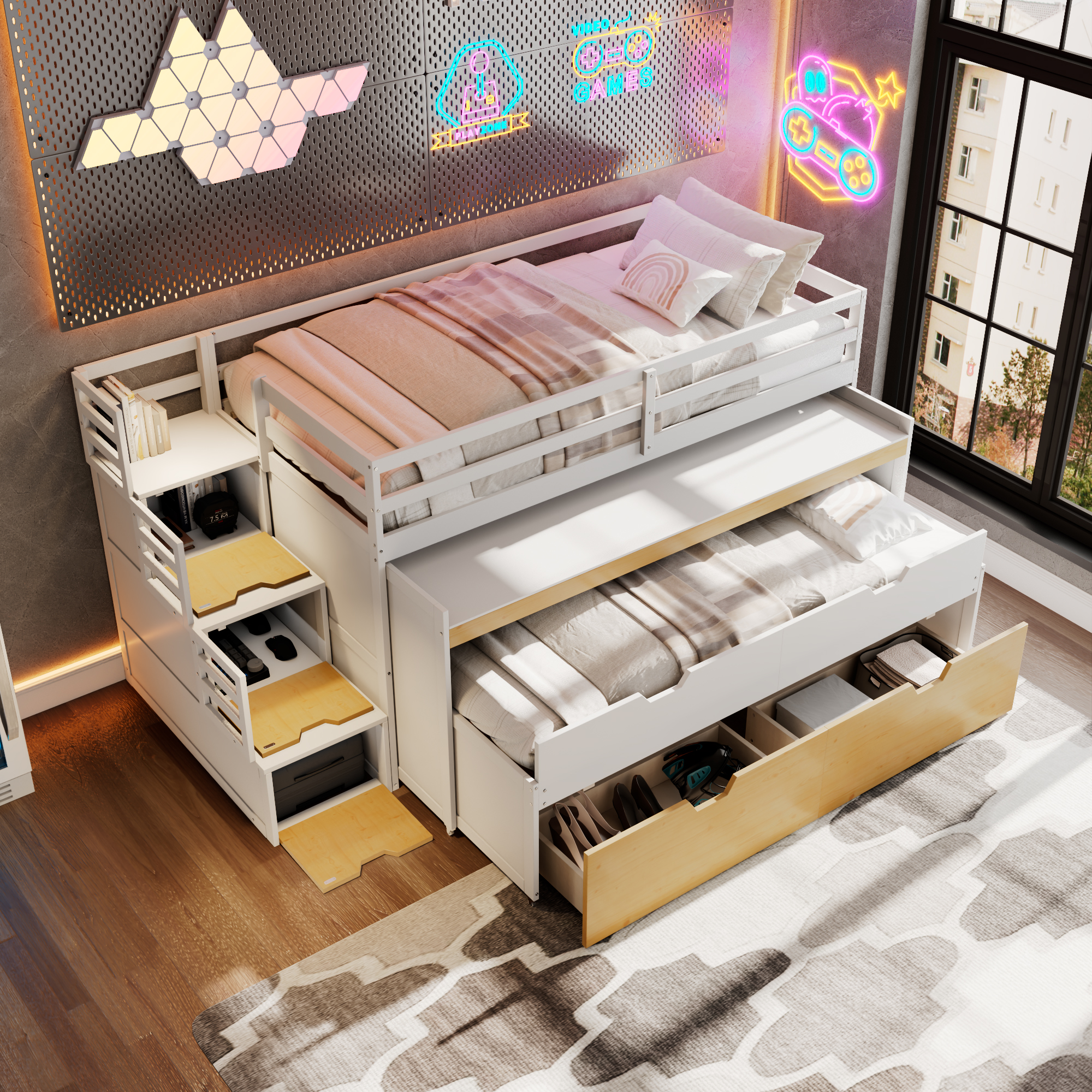 Twin XL Loft Bed with Pull-Out Desk and Twin Trundle