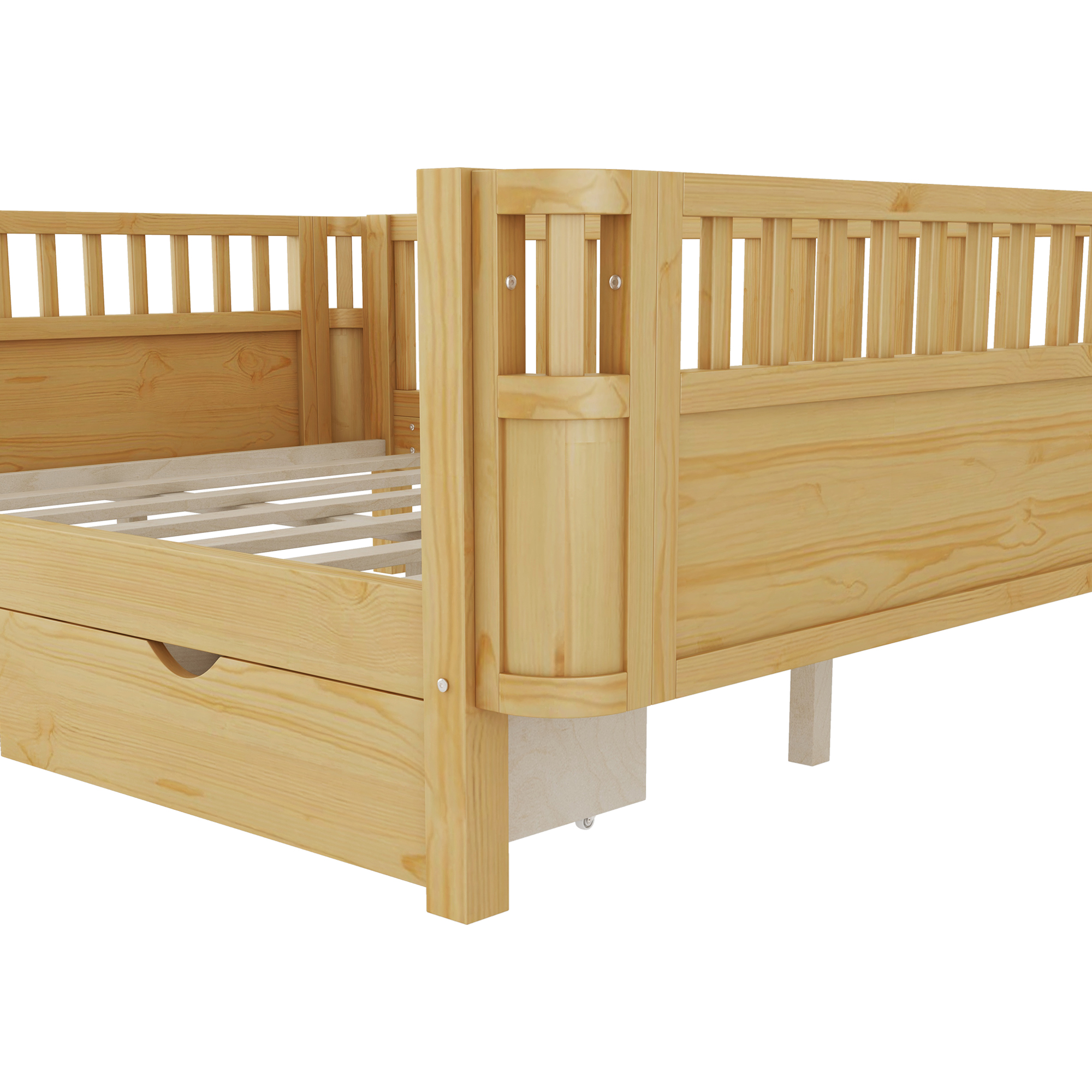 Wood Low Profile Full Bed with Rails and Drawers