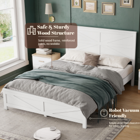 Farmhouse Style Queen Size Bed with Barn Door Designed Headboard and Footboard