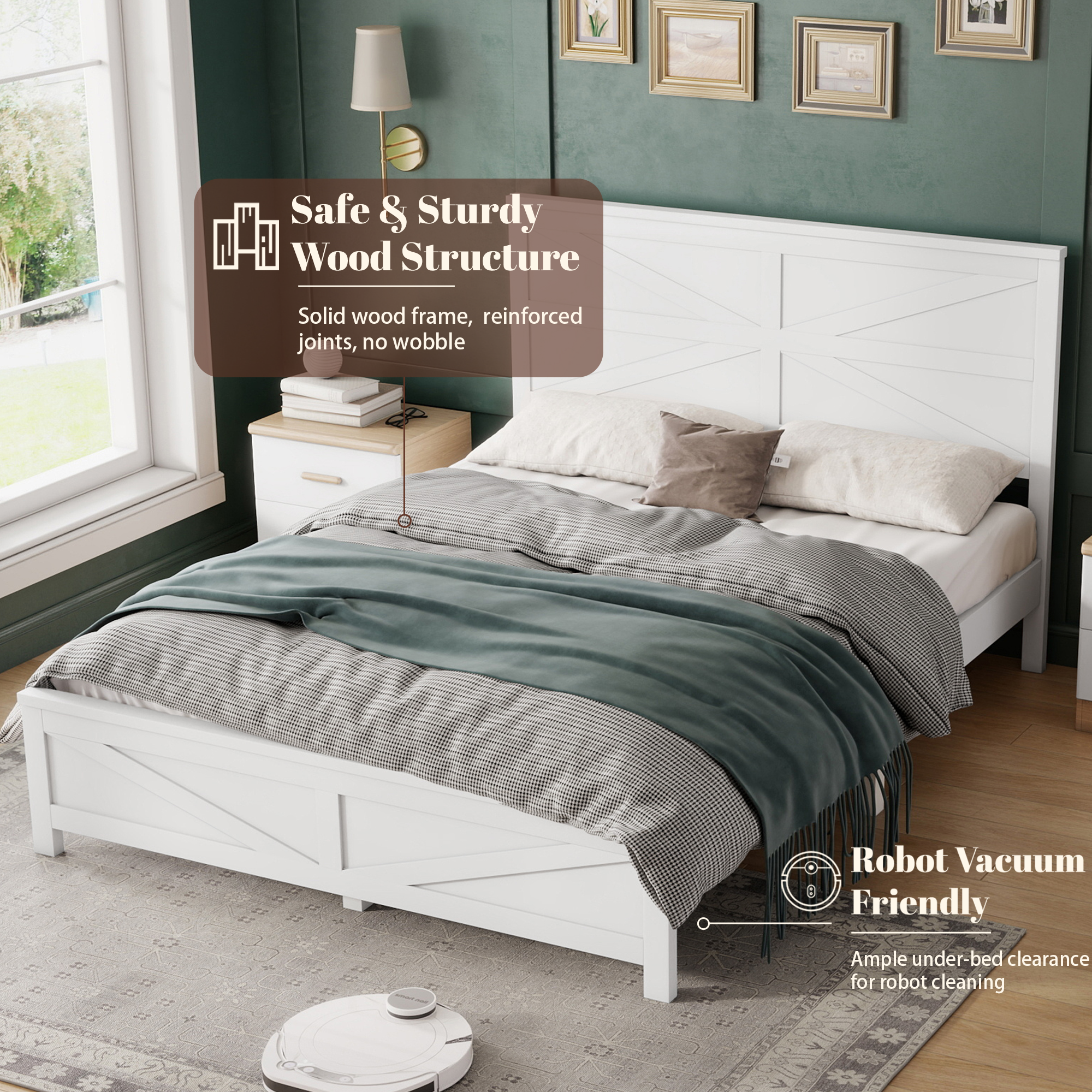 Farmhouse Style Queen Size Bed with Barn Door Designed Headboard and Footboard