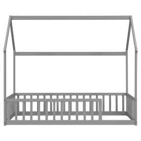 Twin Size House Floor Bed With Roof Frame and Safety Guardrails
