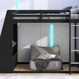 Full Size Wooden Gaming Bunk Bed with Desk,Two Storage Shelves,USB and LED Light