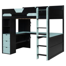 Full Size Wooden Gaming Loft Bed with U-Shaped Desk, Smart RGB LED Lights and USB Ports