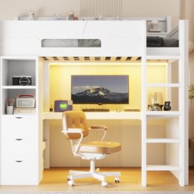 Twin Size Wooden Gaming Loft Bed with U-Shaped Desk, Smart RGB LED Lights and USB Ports