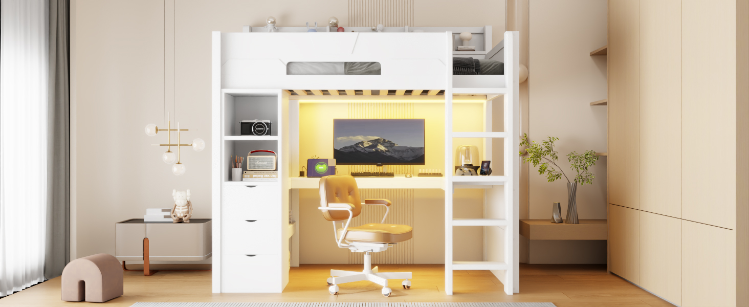 Twin Size Wooden Gaming Loft Bed with U-Shaped Desk, Smart RGB LED Lights and USB Ports