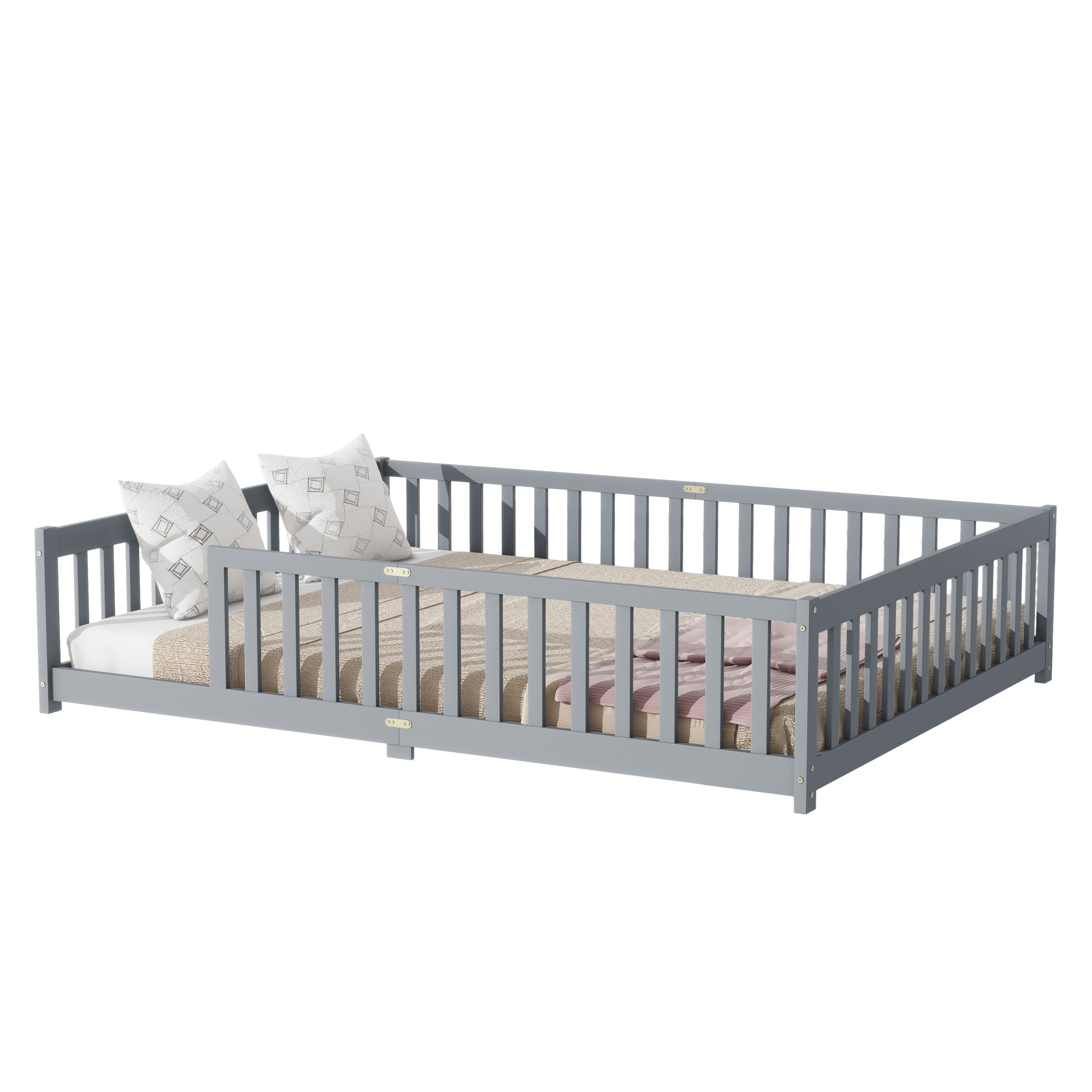 Rubber Wood Queen Size Floor Bed with Fence without Door