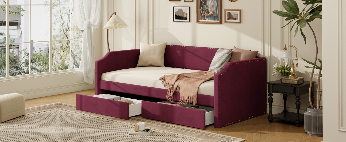 Twin Size Velvet Upholstered Daybed with 2 Drawers