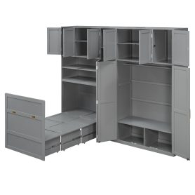 Twin Size Murphy Cabinet Bed With Wardrobe & Storage Shelves, 5-Tier LED Display Shelves, Overhead Cabinets