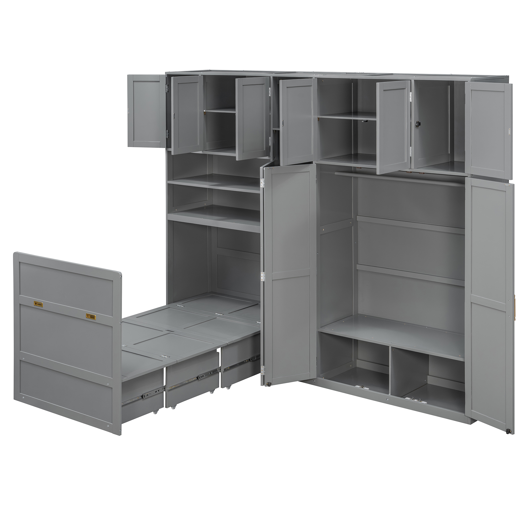 Twin Size Murphy Cabinet Bed With Wardrobe & Storage Shelves, 5-Tier LED Display Shelves, Overhead Cabinets