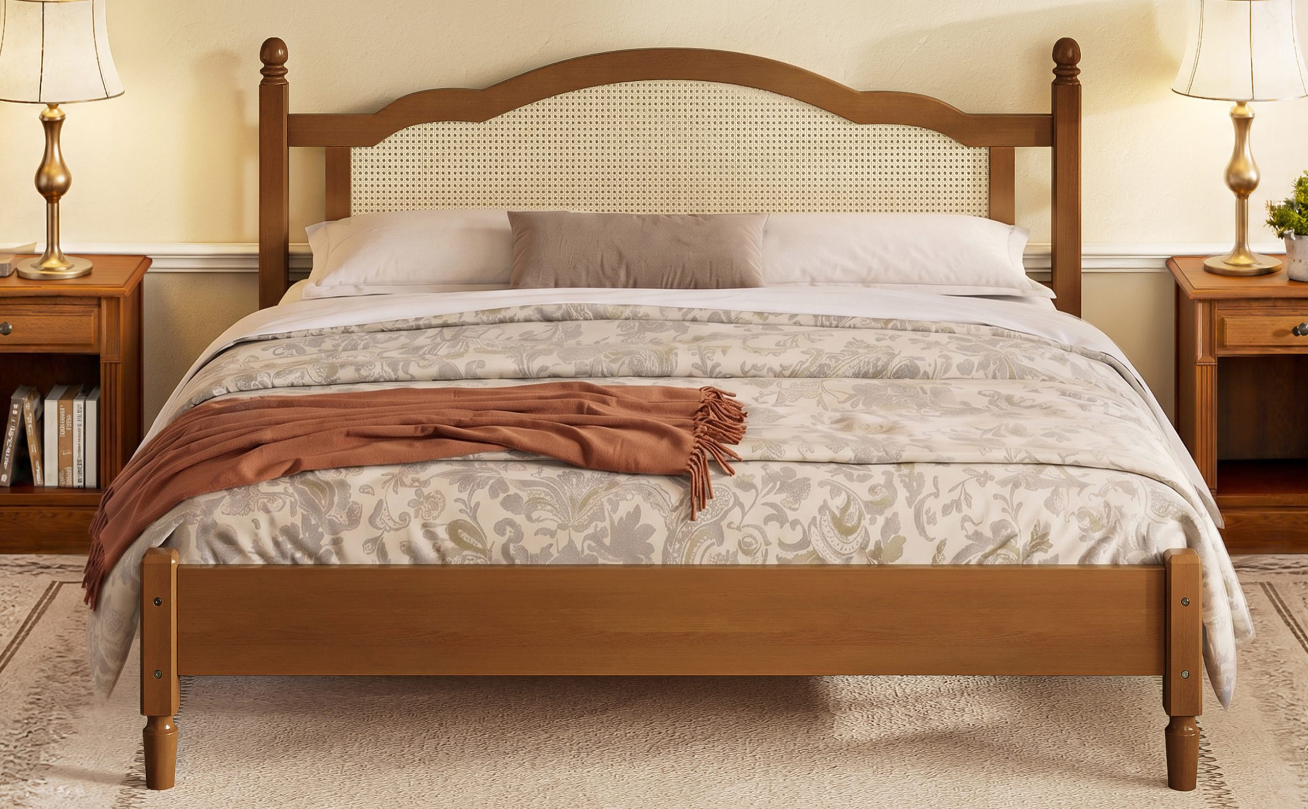 King Size Wooden Platform Bed with Natural Rattan Headboard