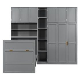 Twin Size Murphy Cabinet Bed With Wardrobe & Storage Shelves, 5-Tier LED Display Shelves, Overhead Cabinets