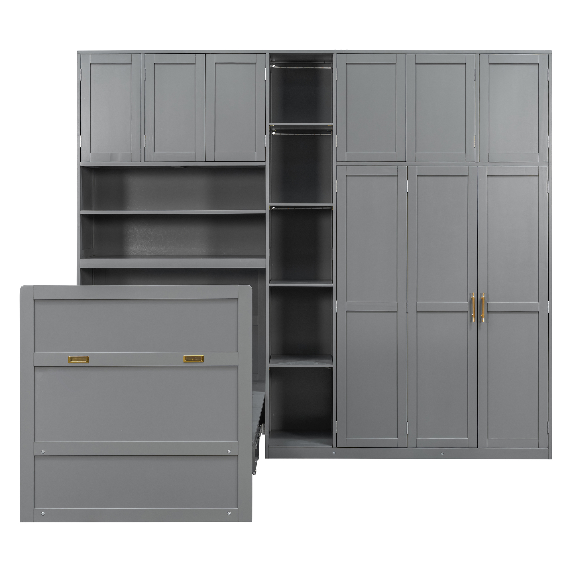 Twin Size Murphy Cabinet Bed With Wardrobe & Storage Shelves, 5-Tier LED Display Shelves, Overhead Cabinets