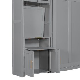 Full Size Murphy Bed With Storage Cabinets, Desk And Glass-door Hutch, USB & Power Outlet, LED Lighted Shelves