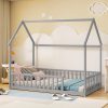 Twin Size House Floor Bed With Roof Frame and Safety Guardrails