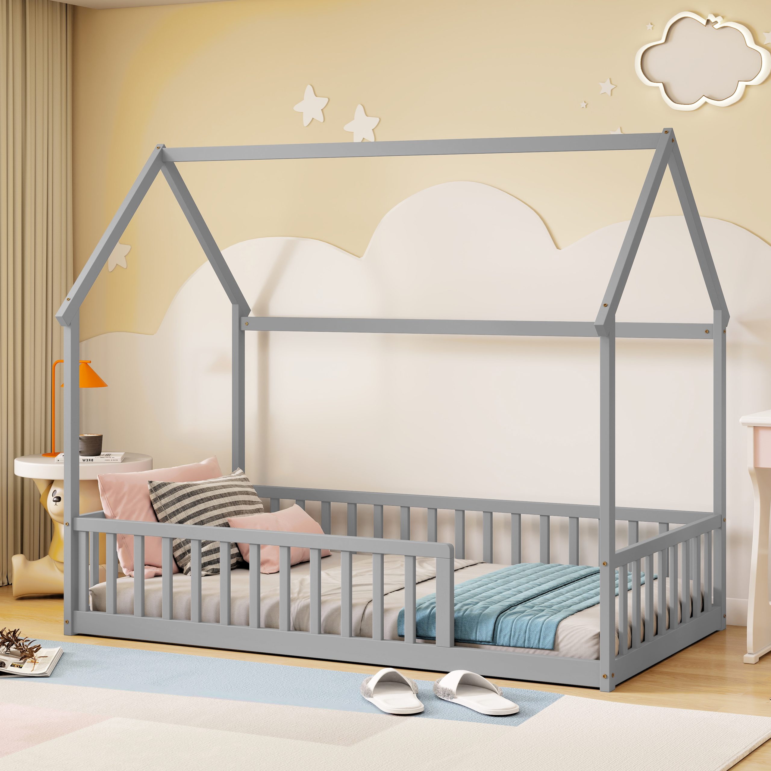 Twin Size House Floor Bed With Roof Frame and Safety Guardrails
