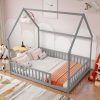 Full Size House Floor Bed With Roof Frame and Safety Guardrails