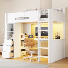 Twin Size Wooden Gaming Loft Bed with U-Shaped Desk, Smart RGB LED Lights and USB Ports