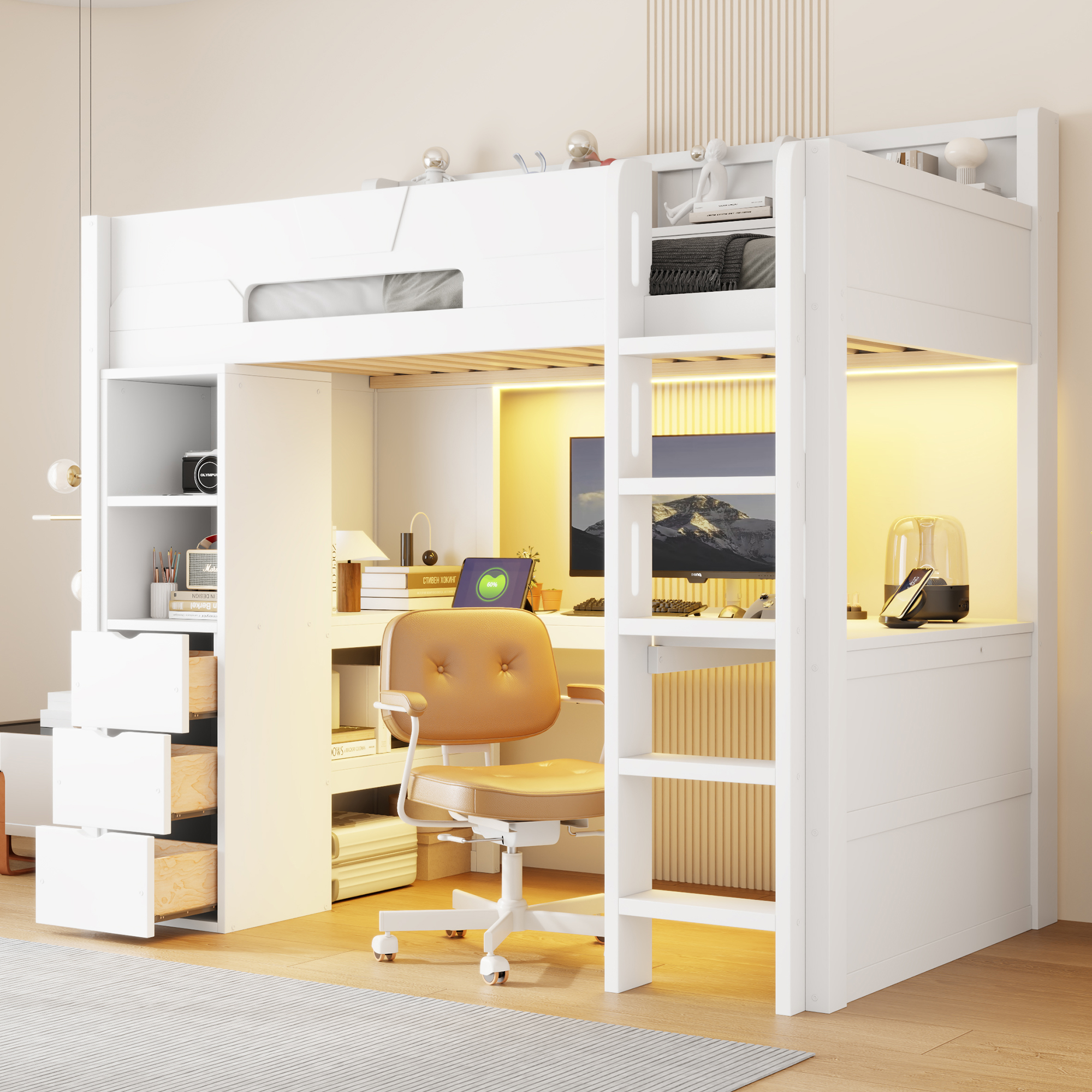 Twin Size Wooden Gaming Loft Bed with U-Shaped Desk, Smart RGB LED Lights and USB Ports