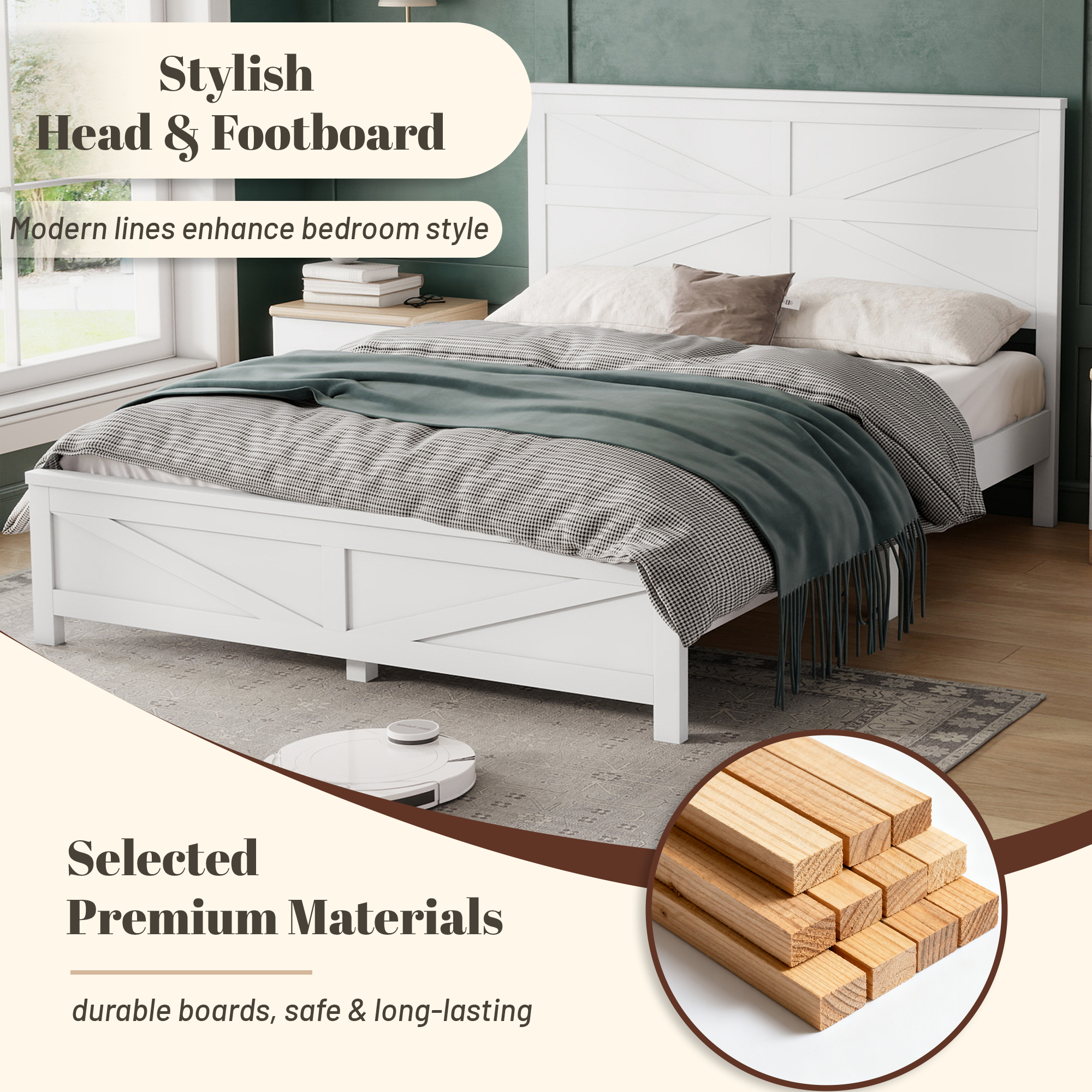 Farmhouse Style Queen Size Bed with Barn Door Designed Headboard and Footboard