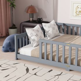 Rubber Wood Queen Size Floor Bed with Fence without Door