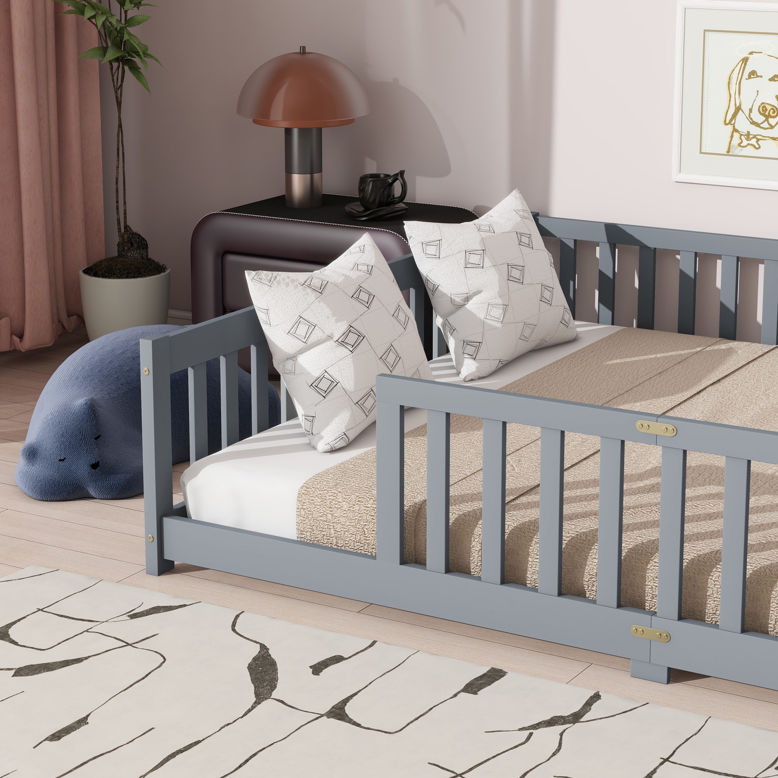 Rubber Wood Queen Size Floor Bed with Fence without Door