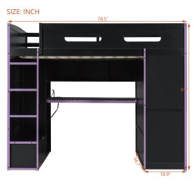 Wood Full Size Loft Bed with Desk, Multi-Storage Shelves and RGB Light