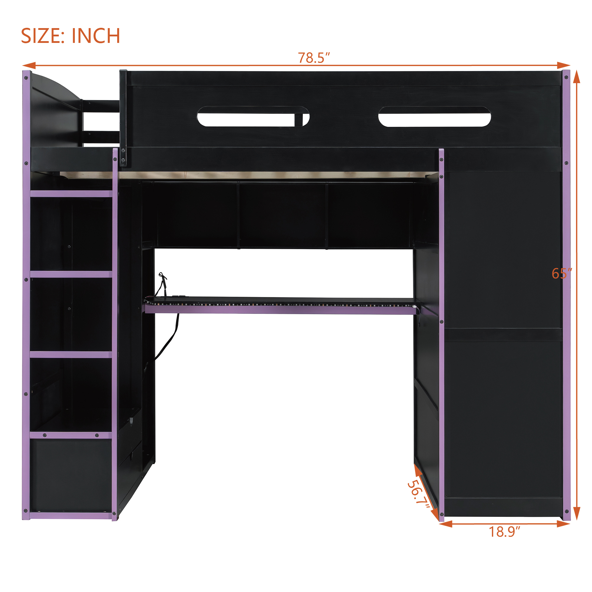 Wood Full Size Loft Bed with Desk, Multi-Storage Shelves and RGB Light