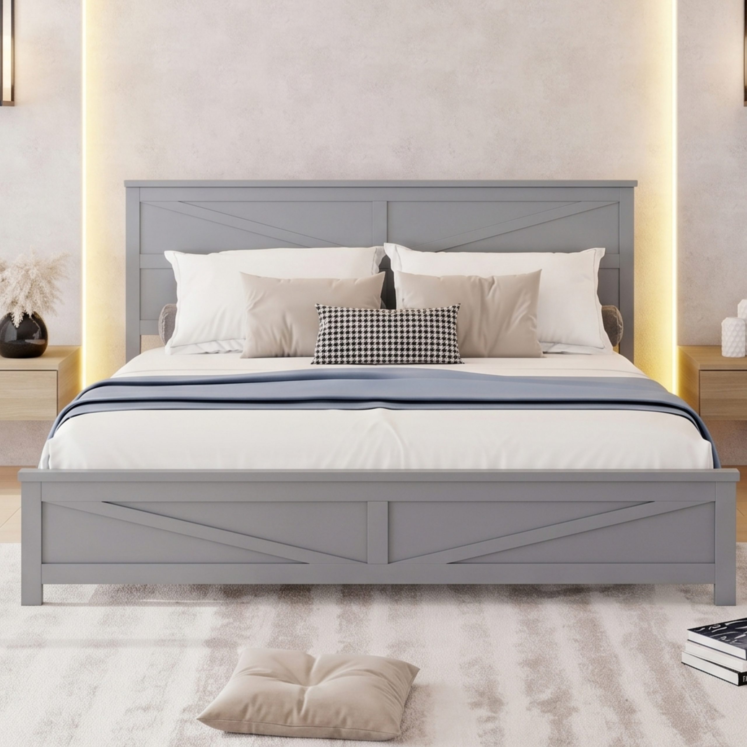 Farmhouse Style King Size Bed with Barn Door Designed Headboard and Footboard