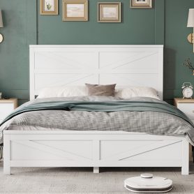 Farmhouse Style Queen Size Bed with Barn Door Designed Headboard and Footboard
