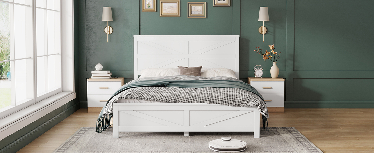 Farmhouse Style Queen Size Bed with Barn Door Designed Headboard and Footboard