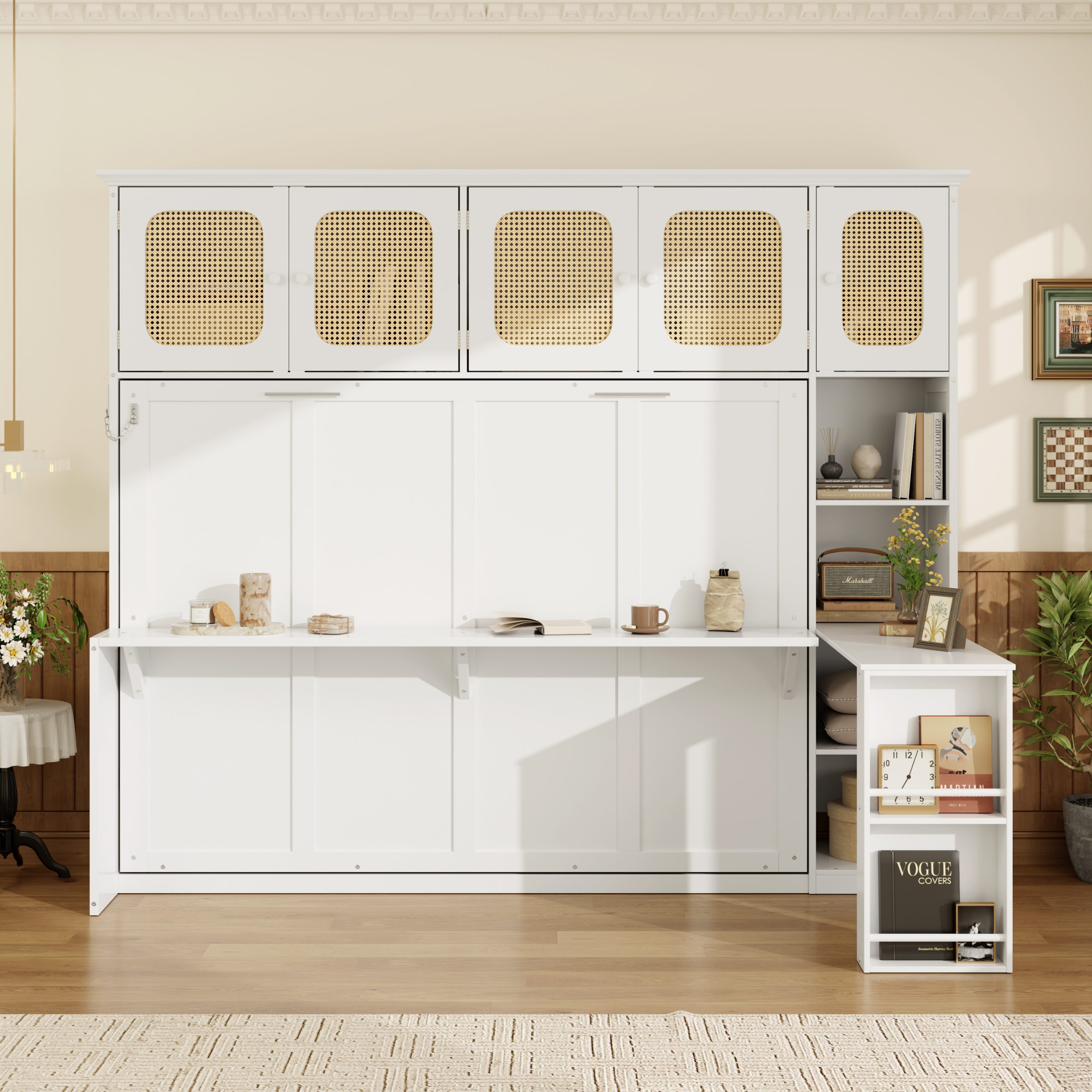 Full Murphy Bed With Desk And Rattan Cabinets