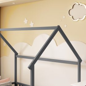 Twin Size House Floor Bed With Roof Frame and Safety Guardrails