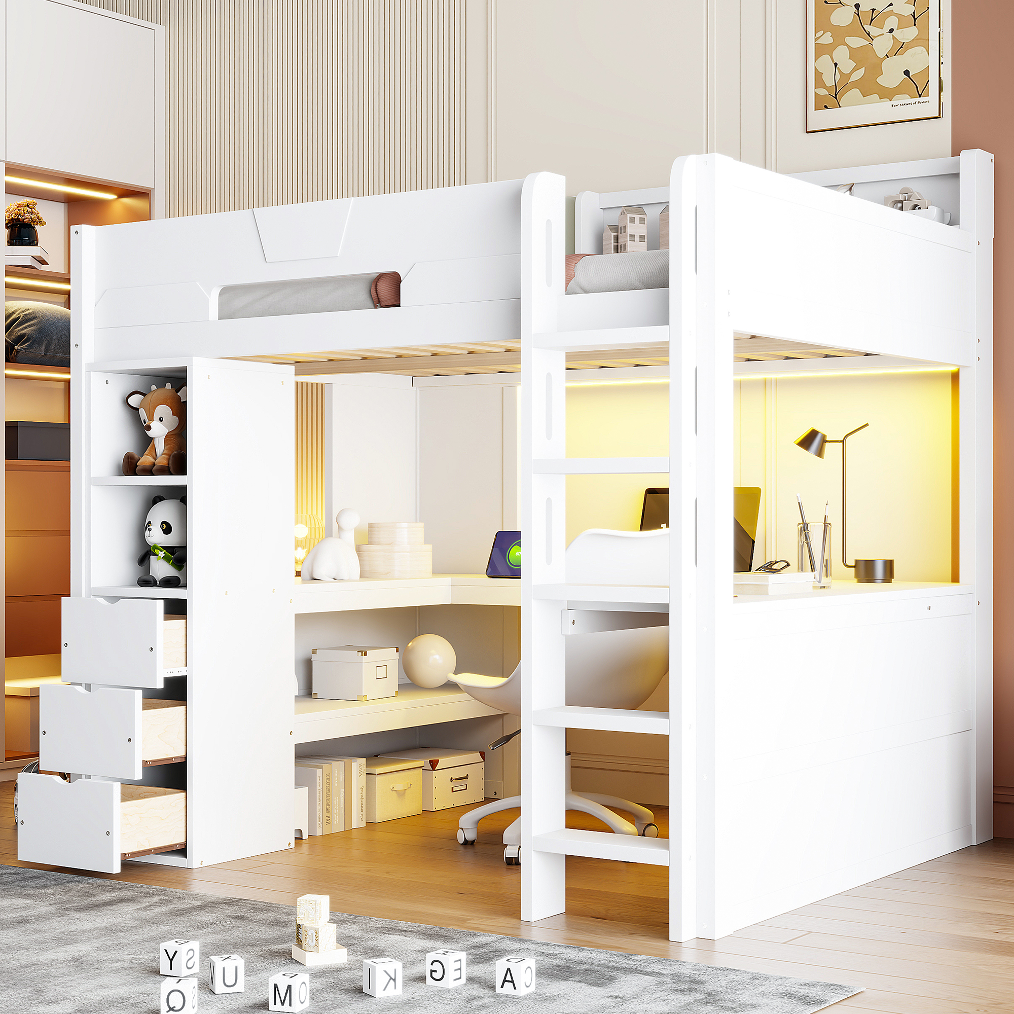 Full Size Wooden Gaming Loft Bed with U-Shaped Desk, Smart RGB LED Lights and USB Ports