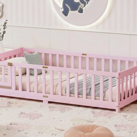 Twin Size Floor Bed with Fence with Door