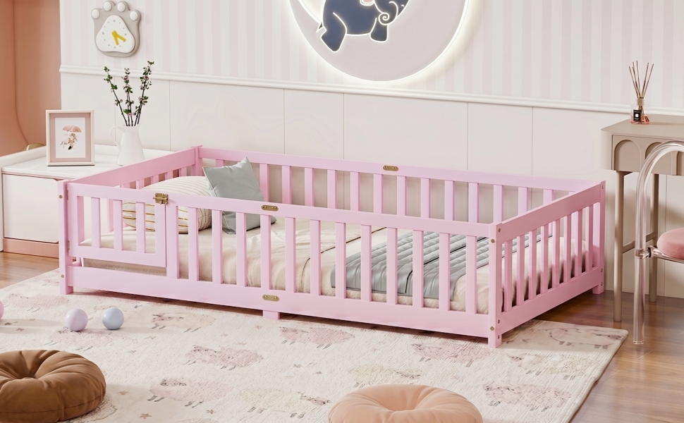 Twin Size Floor Bed with Fence with Door