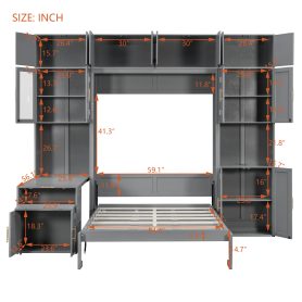 Full Size Murphy Bed With Storage Cabinets, Desk And Glass-door Hutch, USB & Power Outlet, LED Lighted Shelves