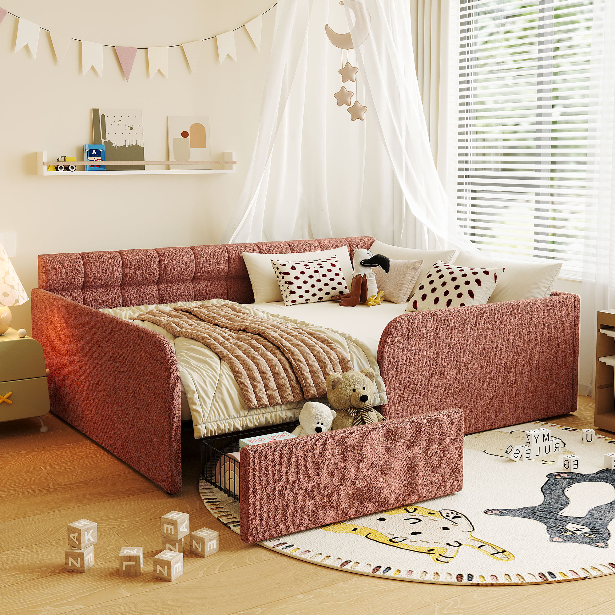 Full Size Boucl Fabric Daybed Frame With Storage Drawer