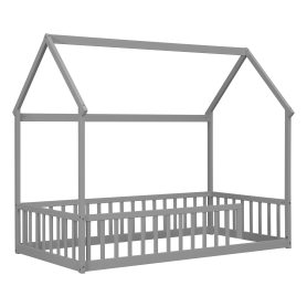 Twin Size House Floor Bed With Roof Frame and Safety Guardrails
