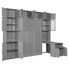 Full Size Murphy Bed With Storage Cabinets, Desk And Glass-door Hutch, USB & Power Outlet, LED Lighted Shelves