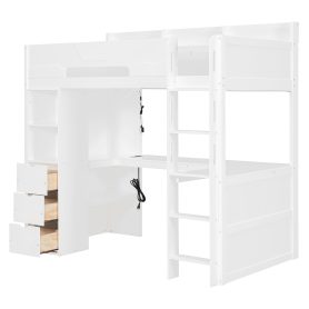 Twin Size Wooden Gaming Loft Bed with U-Shaped Desk, Smart RGB LED Lights and USB Ports
