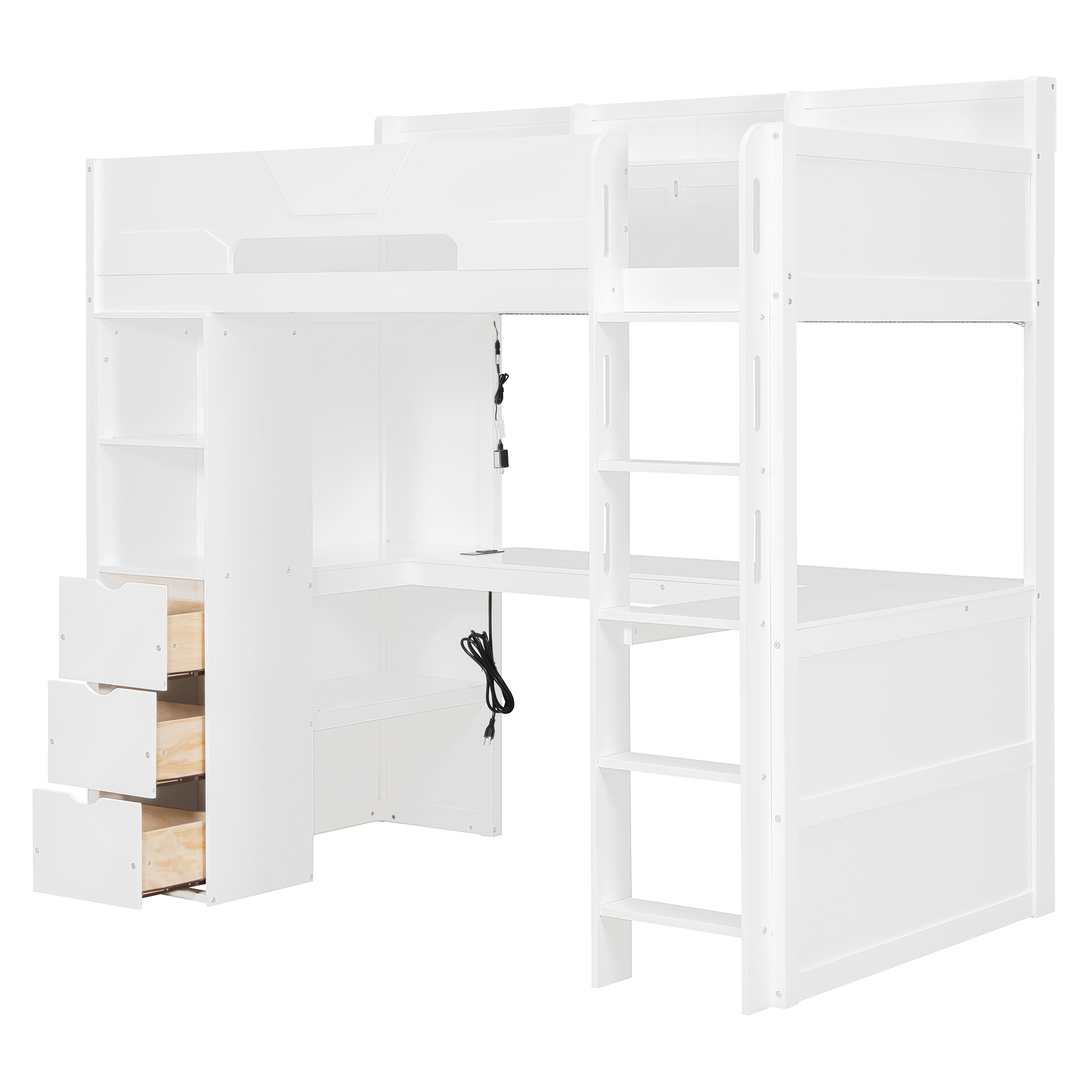 Twin Size Wooden Gaming Loft Bed with U-Shaped Desk, Smart RGB LED Lights and USB Ports