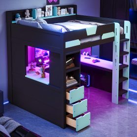 Full Size Wooden Gaming Loft Bed with U-Shaped Desk, Smart RGB LED Lights and USB Ports