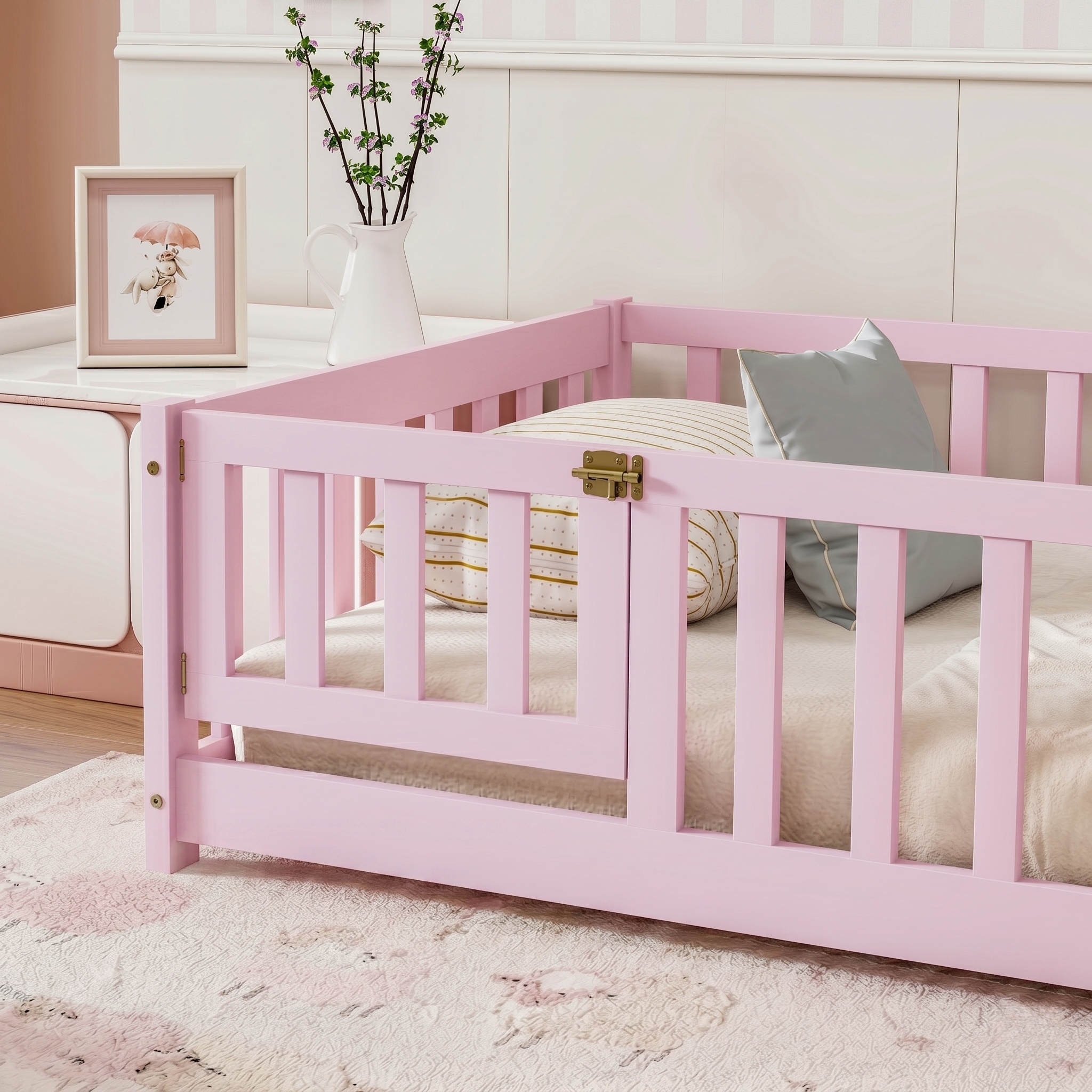 Twin Size Floor Bed with Fence with Door