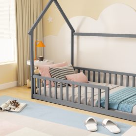Twin Size House Floor Bed With Roof Frame and Safety Guardrails