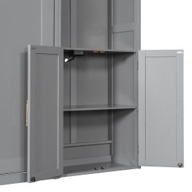 Full Size Murphy Bed With Storage Cabinets, Desk And Glass-door Hutch, USB & Power Outlet, LED Lighted Shelves