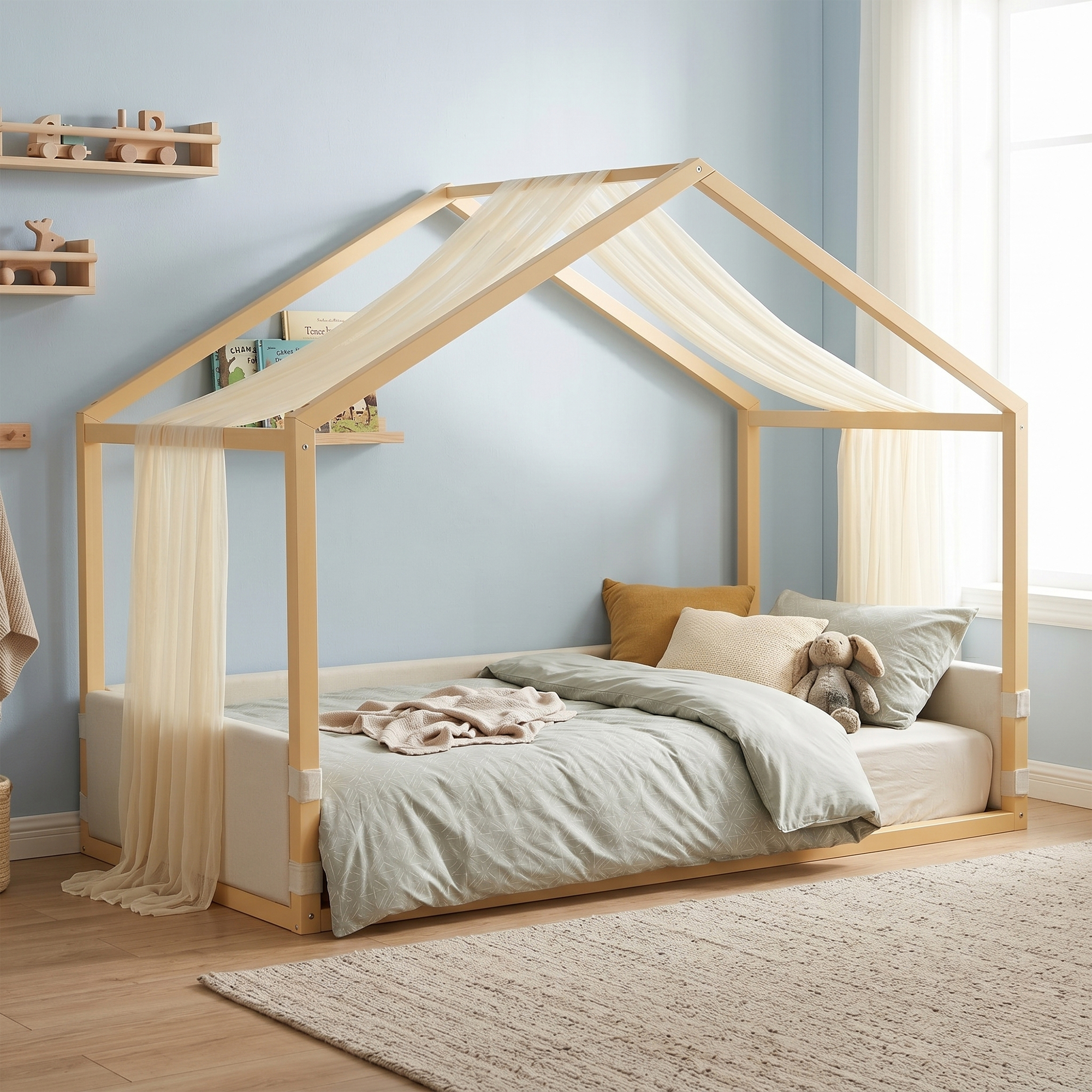 Twin Size Canopy Bed With Breathable Gauze Canopy