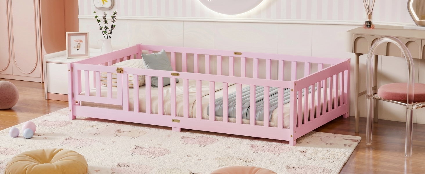 Twin Size Floor Bed with Fence with Door