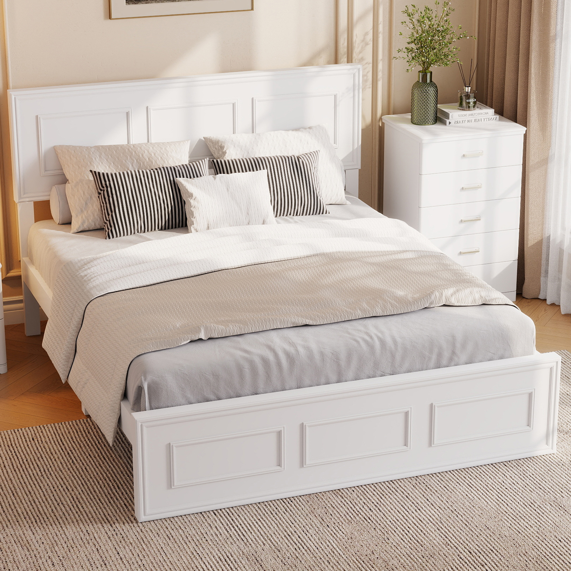 Pine Wood Full Size Bed with Adjustable Height Headboard