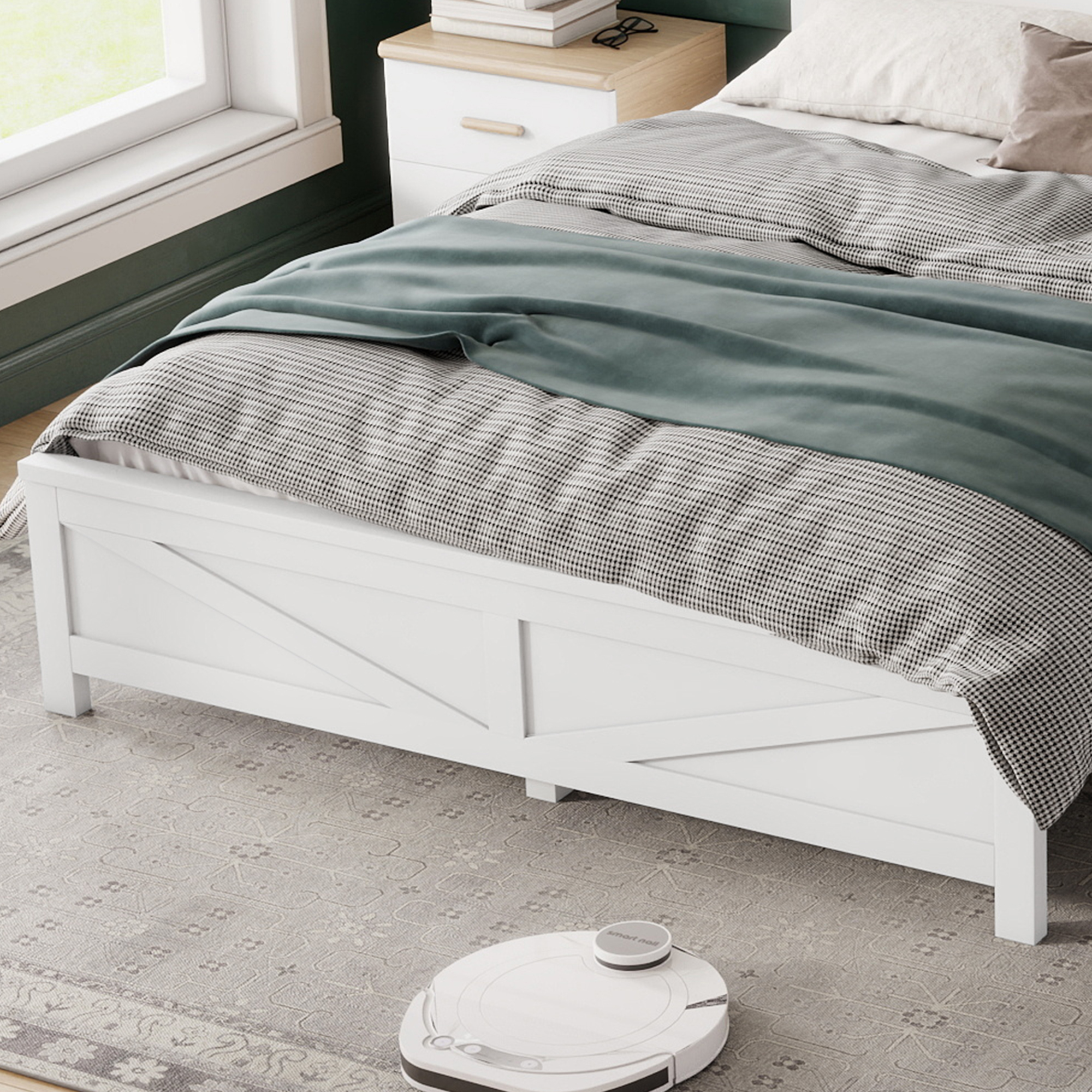 Farmhouse Style Queen Size Bed with Barn Door Designed Headboard and Footboard